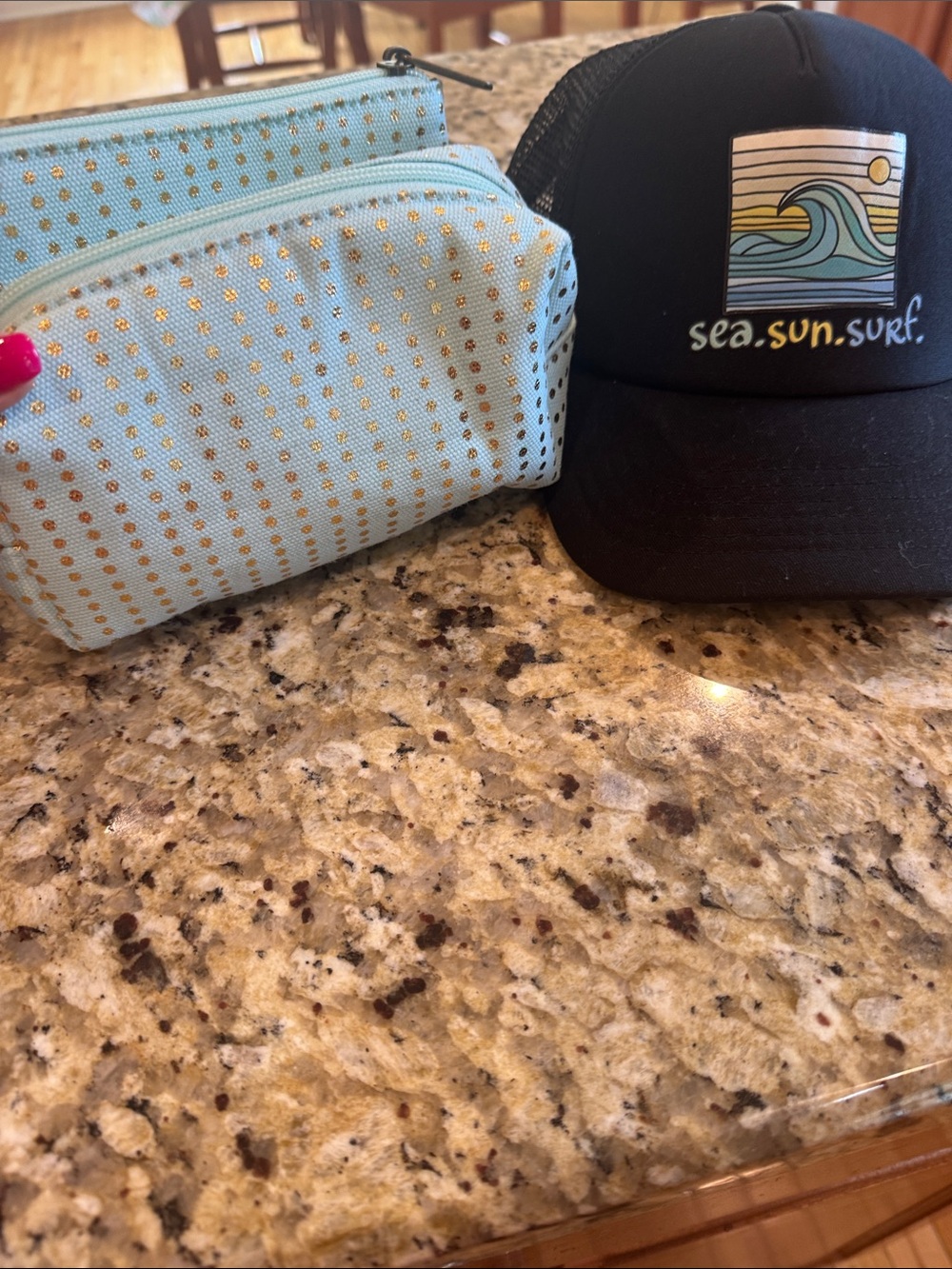 Girls Sea.Sun.Surf Black  Hat + Aqua Gold Dot Cosmetic Pouches